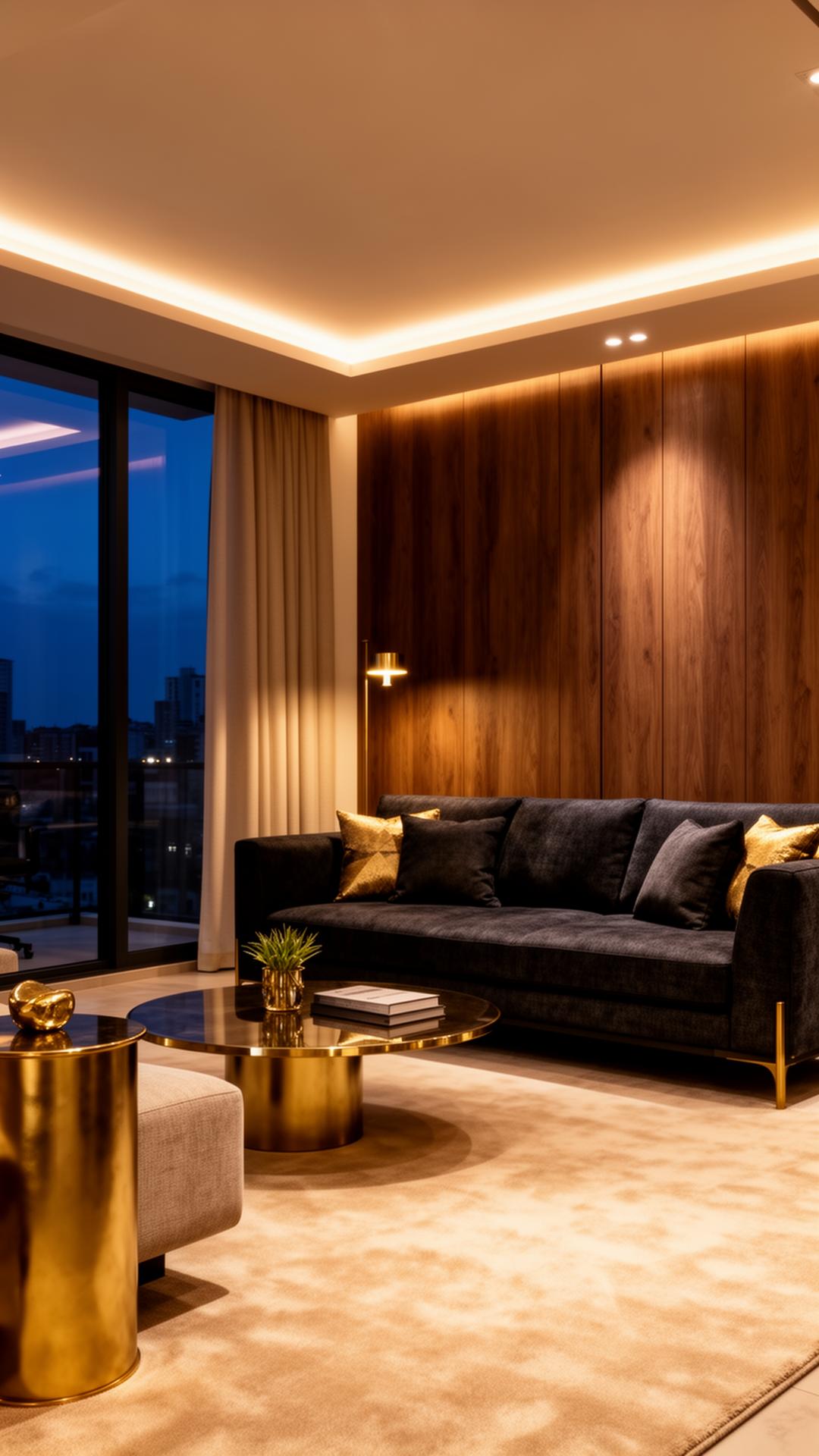 Modern luxury living room with warm ambient lighting